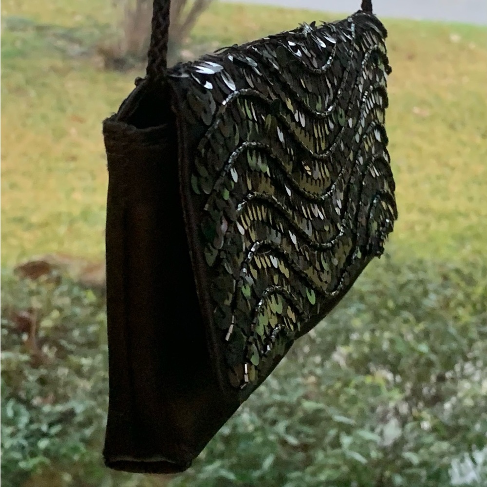 La Regale Black Sequin Evening Bag Vintage 90s Crossbody Clutch